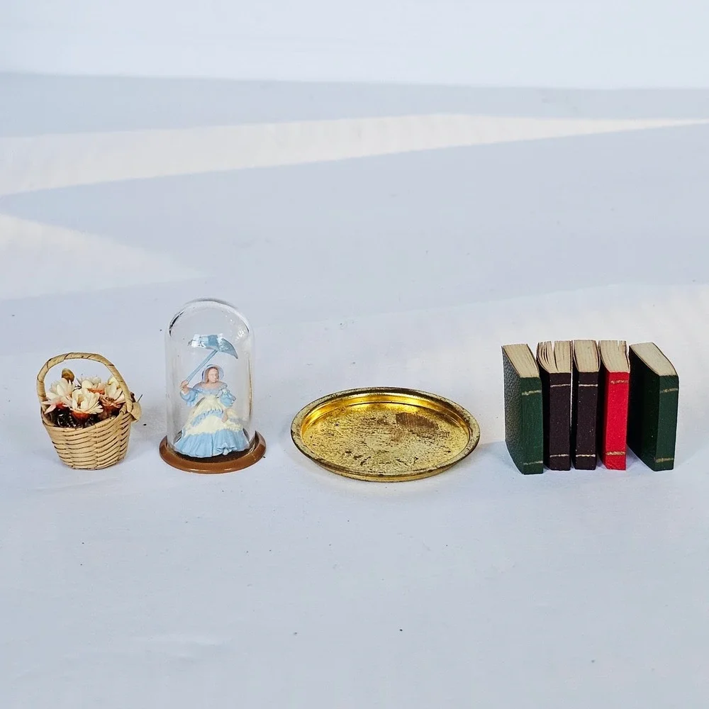 Vintage Dollhouse Miniature Accessories Books Cloche Tray Flower Basket 1:12 Set